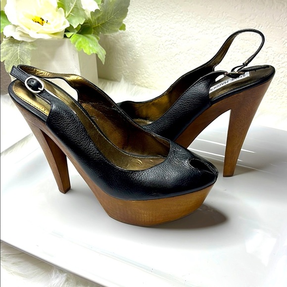 Stylish Black Leather& Wood Platform Slingback Heels - Picture 1 of 12